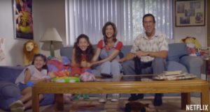 Sandy Wexler (Adam Sandler) and his client Amy Baskin (Jackie Sandler) with her two kids (Sadie and Sunny Sandler).